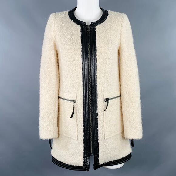 JOIE Size XS Cream Black Fleece Contrast Trim Zip Up Coat